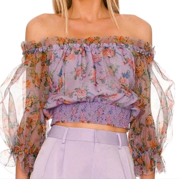 ALICE + OLIVIA Caprina Silk Puff Sleeve Off Shoulder Crop Top Size Small NWOT - Picture 13 of 15